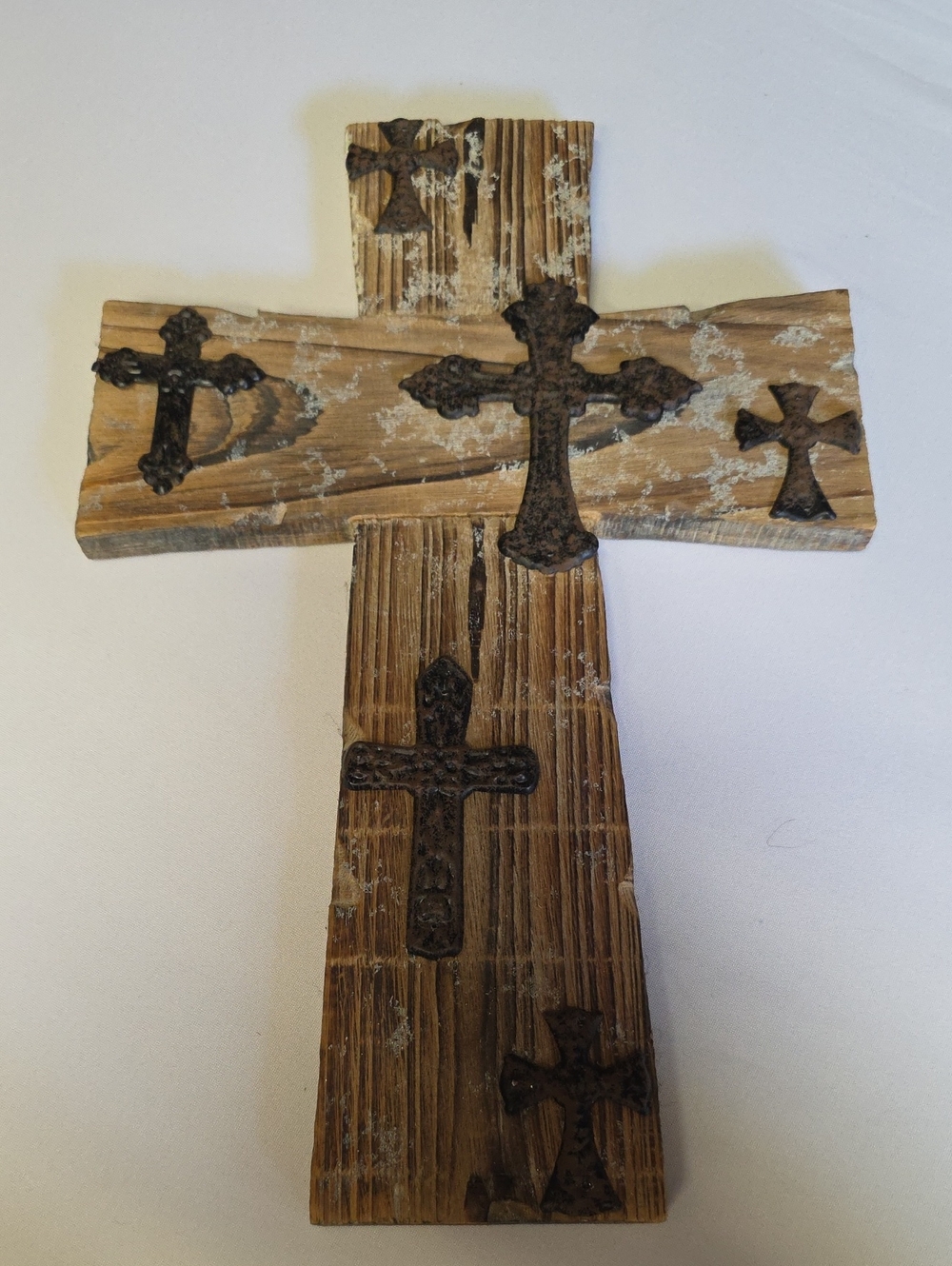 Rustic Wooden Wall Cross with Decorative Metal Accents - Brown